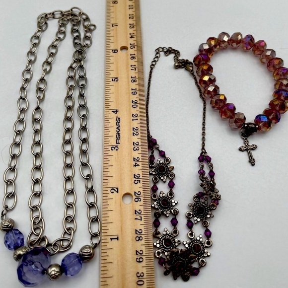 Vintage Layered Silver Chain & Purple Bead Necklace Bracelet Set N57 - Picture 8 of 9